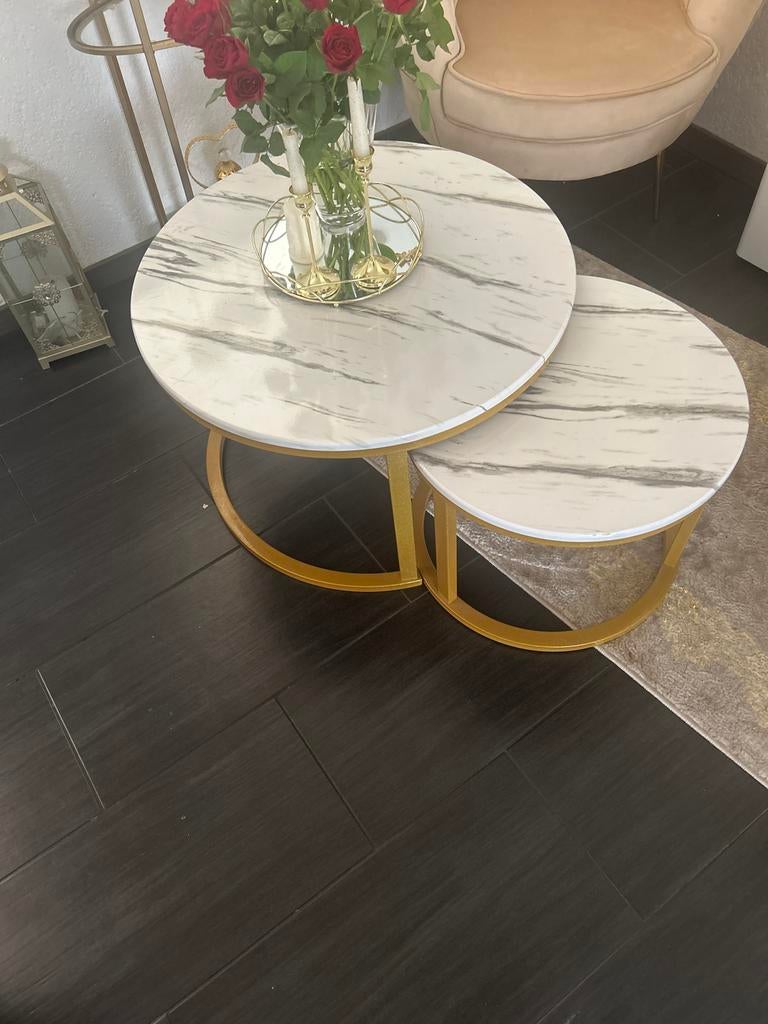 Set van 2 marmerlook salontafels met gouden onderstel, Ophalen, 50 tot 75 cm, Rond, 50 tot 100 cm
