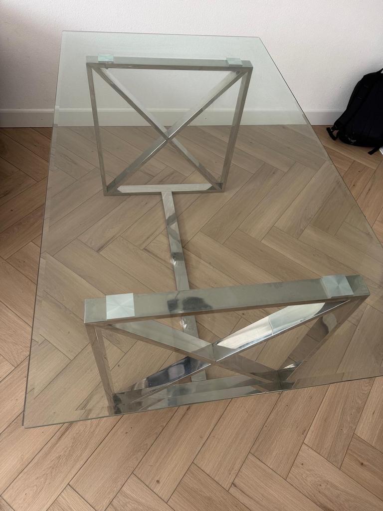Glazen eettafel met zilveren onderstel, Huis en Inrichting, Tafels | Eettafels, Ophalen, Gebruikt, 100 tot 150 cm, Glas