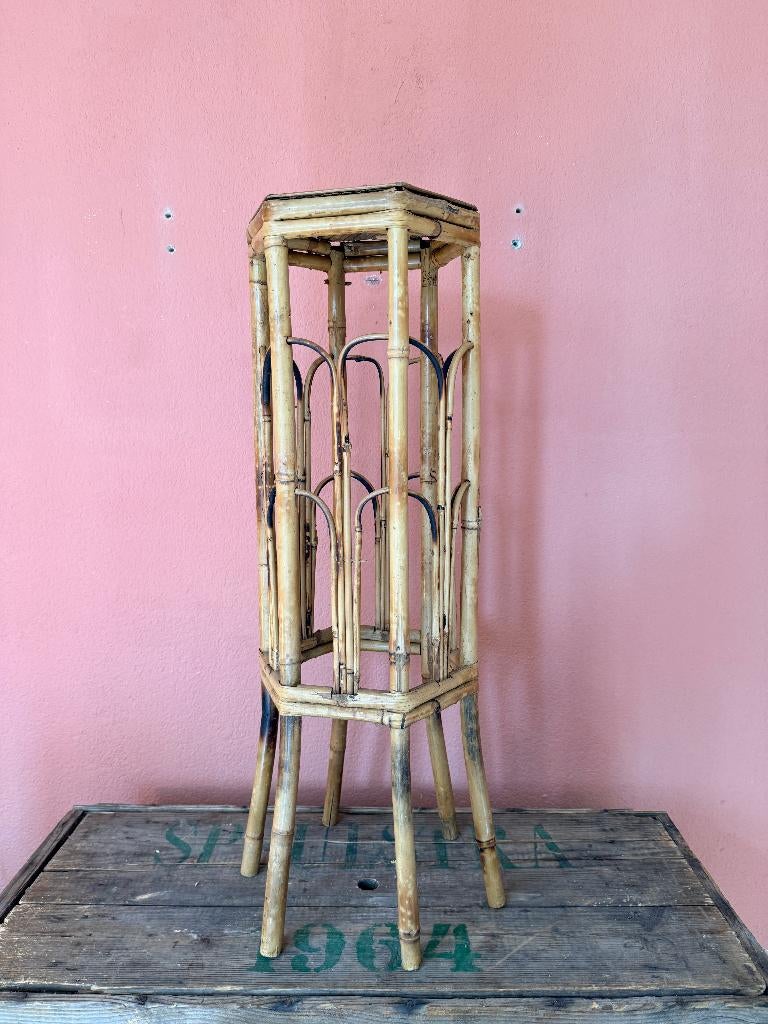 Prachtig Handgemaakt Vintage Bamboe Tafeltje, Huis en Inrichting, Tafels | Bijzettafels, Ophalen, Minder dan 55 cm, Gebruikt, Rond