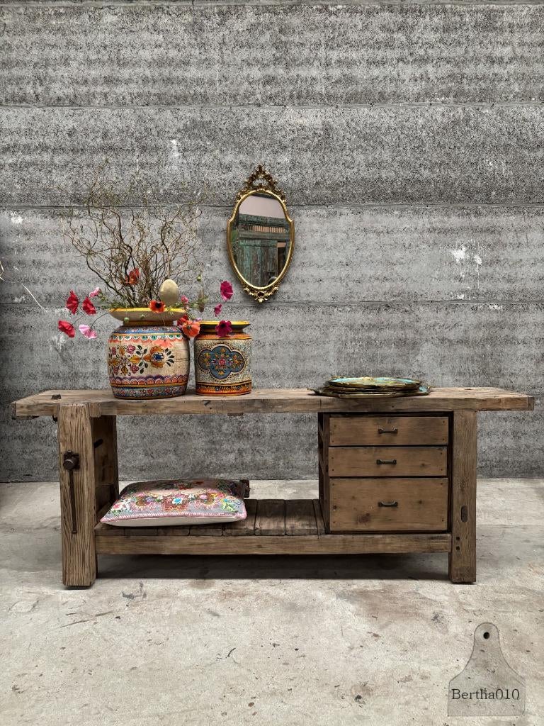 Franse oude werkbank met drie laden ideaal keukeneiland, Gebruikt, Overige kleuren, Ophalen of Verzenden, 200 cm of meer