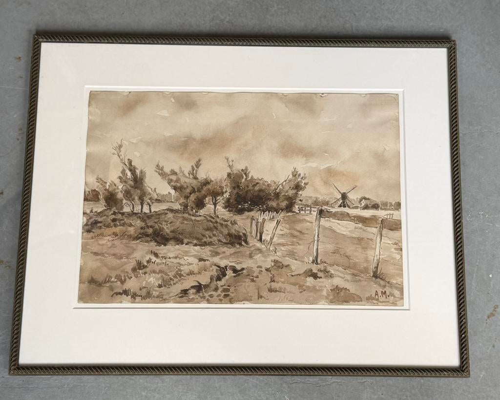 Aquarel landschap met molen anton mauve?, Ophalen of Verzenden