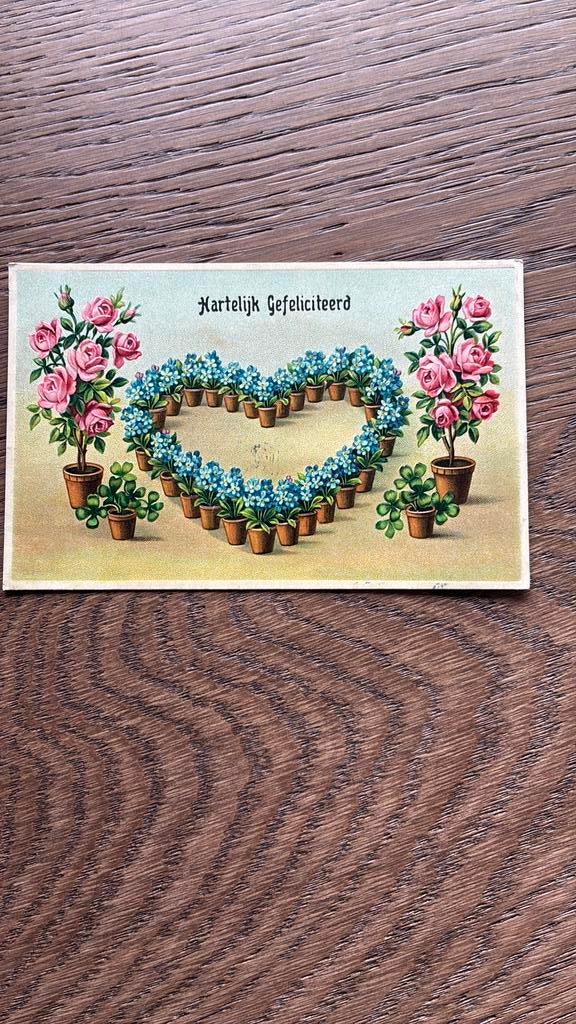 Mooie reliefkaart.Potten met rozen,met klaver,met vergeetmij, Ophalen of Verzenden, Voor 1920, Gelopen, Overige thema's