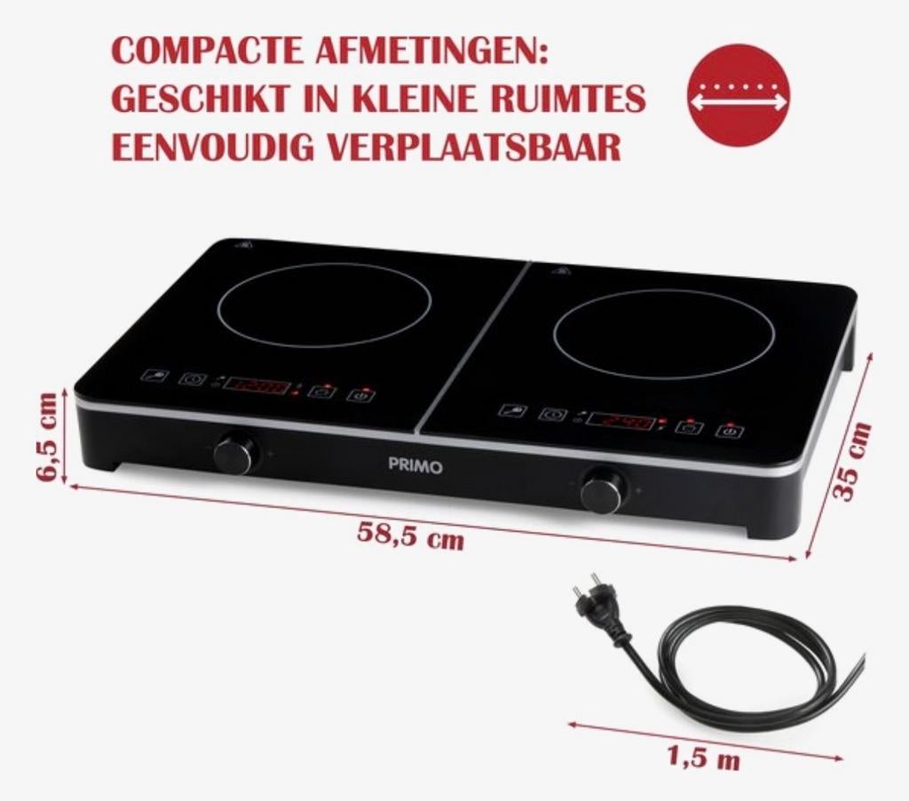 PRIMO dubbele inductie kookplaat (2 pits) – 3500W, 3 kookzones of minder, Ophalen of Verzenden, Zo goed als nieuw, Inductie