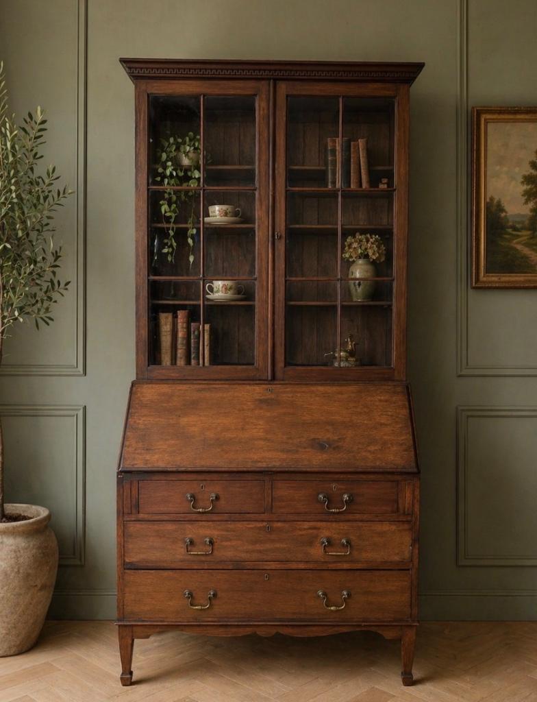 Antieke Engelse Bureau-Boekenkast / Secretaire (Eiken), Ophalen, Gebruikt