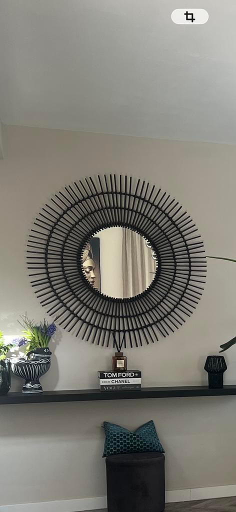 Grote ronde spiegel met zwarte spijlen, diameter 118 cm, Huis en Inrichting, Woonaccessoires | Spiegels, 100 tot 150 cm, Rond