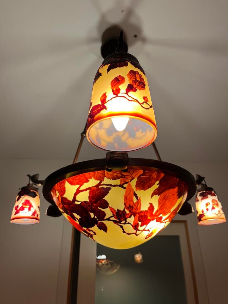 Émile Gallé Cameo glazen kroonluchter, Frankrijk 1910, Ophalen, Glas