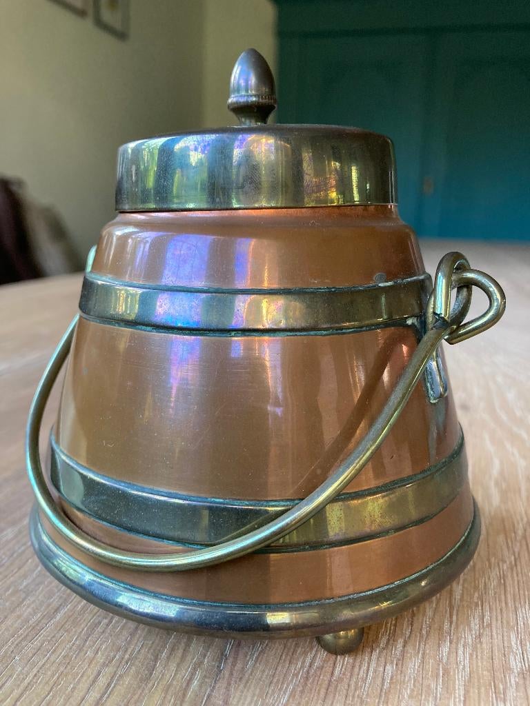 Rood/geel koperen potje met deksel en hengsel h12xø11 cm, Ophalen of Verzenden, Koper