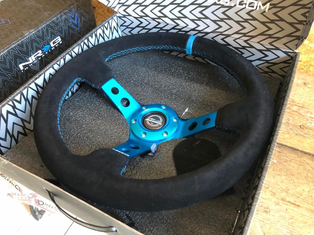 NRG Sportstuur suede 350mm blauw zwart deep dish 75mm, Ophalen of Verzenden