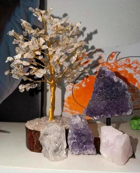 Mooi Edelstenen Boompje met Amethist en Rozenkwarts, Sieraden, Tassen en Uiterlijk, Edelstenen, Zo goed als nieuw, Ophalen of Verzenden