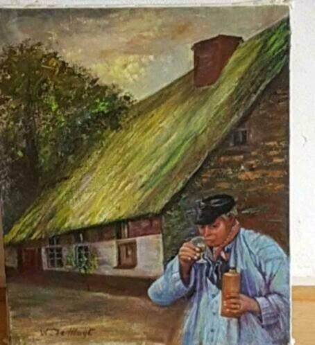 Olieverf boerderij boer met borrel jeneverfles gesigneerd., Ophalen