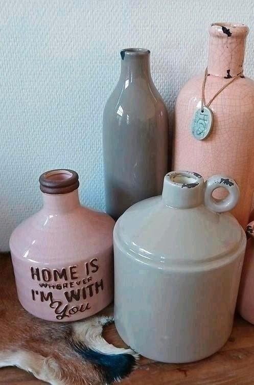 4 vazen grijs roze steen - kruiken potten flessen decoratie, Huis en Inrichting, Overige kleuren, Aardewerk of Porselein, Ophalen of Verzenden