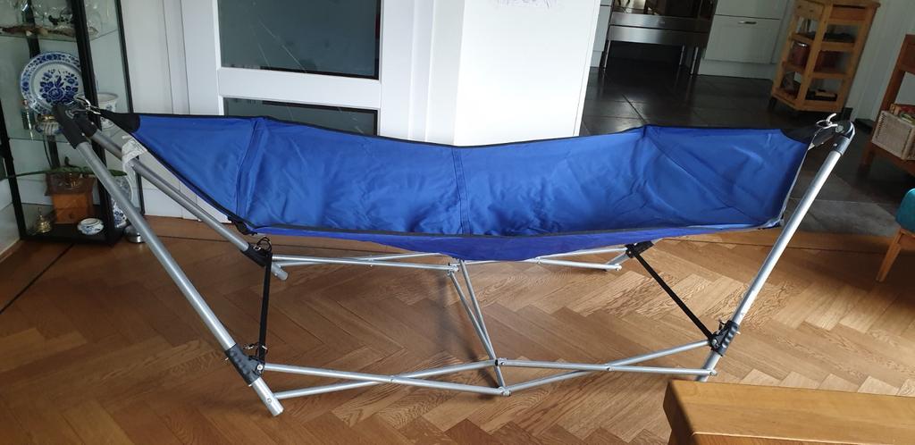 Opvouwbare Hangmat met Inklapbare Standaard - Blauw, Tuin en Terras, Hangmatten, Ophalen, Opvouwbaar, Zo goed als nieuw, Eenpersoons