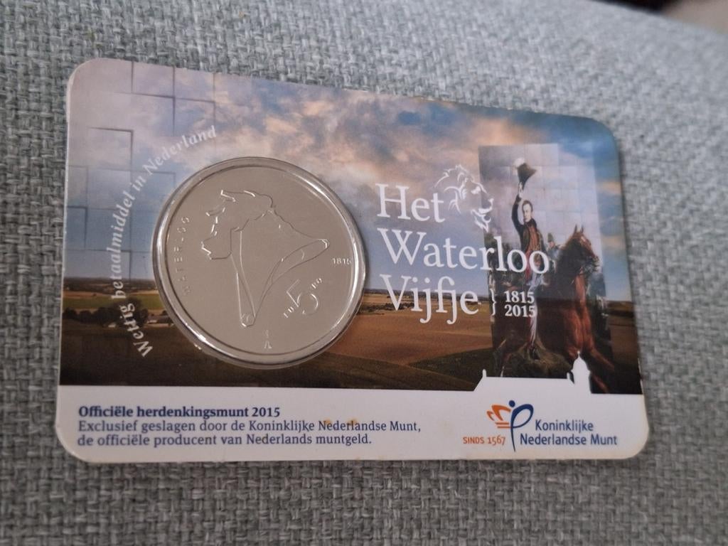 Herdenkingsmunt Waterloo 2015 - Zwaar Verzilverde €5,- munt, Koningin Beatrix, Zilver, Euro's, Ophalen of Verzenden