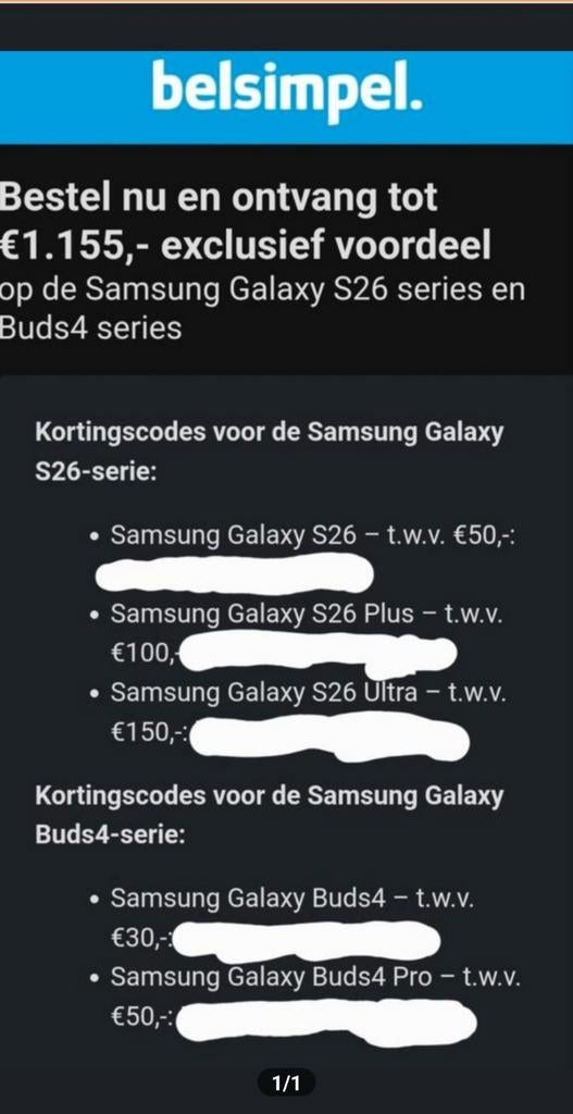 Samsung s26 krotingscode 150 euro en buds, Eén persoon, Kortingsbon