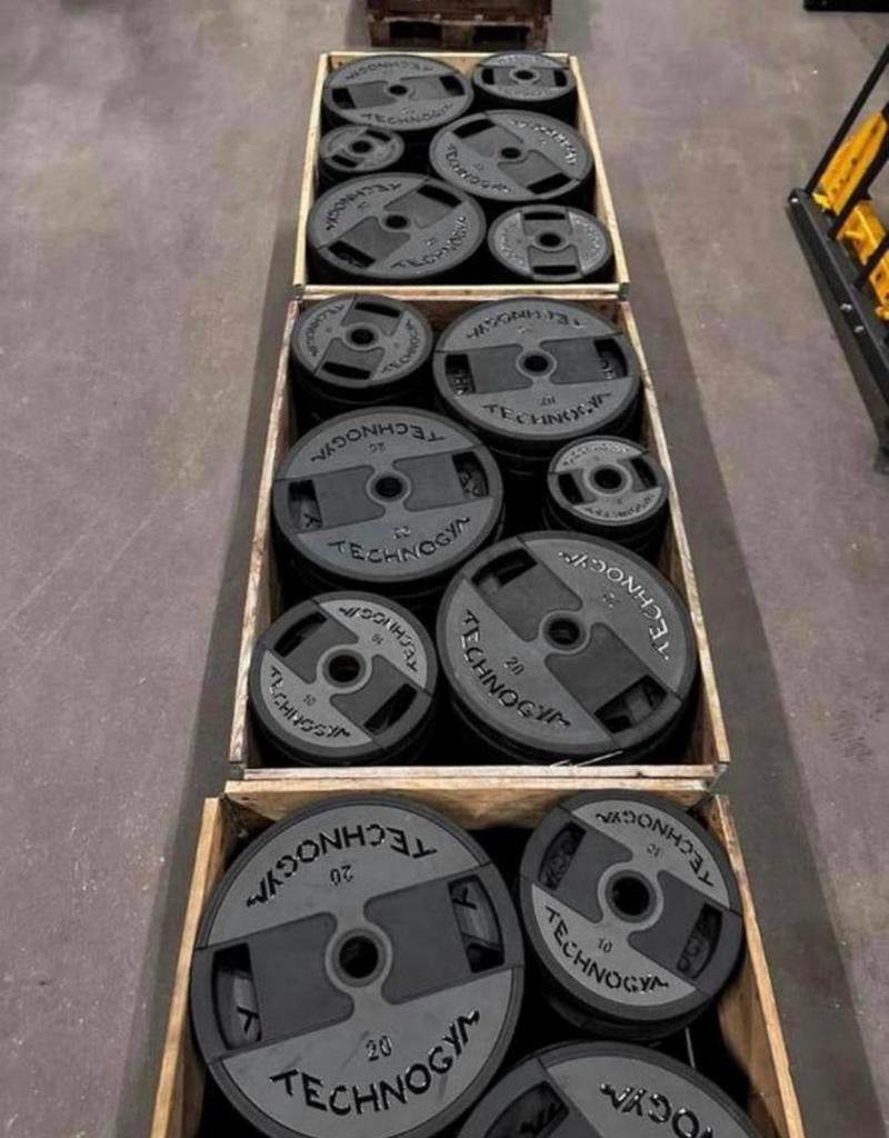 Grote partij Technogym 50mm Rubberen Pu Gewichten, Ophalen, Gebruikt, Halterschijven