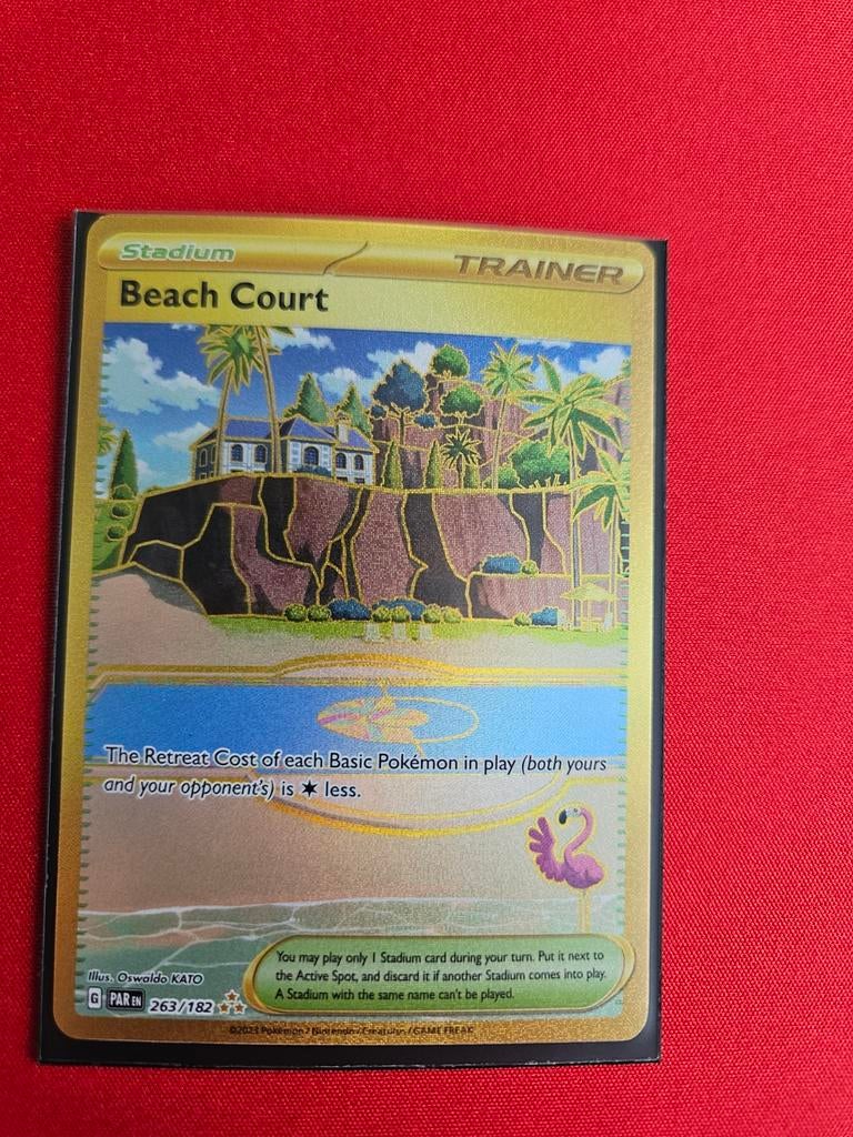 Pokémon TCG Beach Court Trainer Kaart 263/182 Gold, Ophalen of Verzenden, Zo goed als nieuw, Losse kaart, Foil