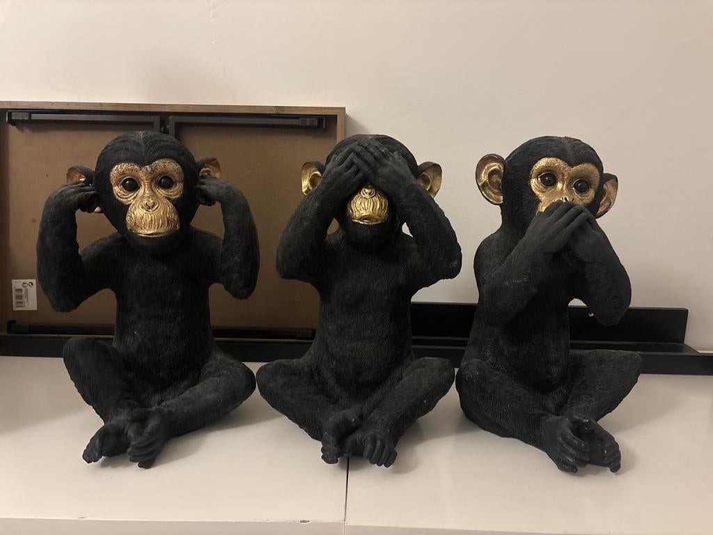 Drie wijze apen beeldjes, Huis en Inrichting, Woonaccessoires | Overige, Ophalen of Verzenden, Gebruikt, Zwart, Overige materialen