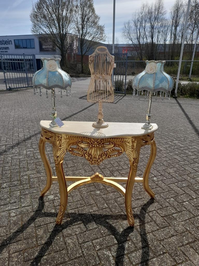 Mooie goud kleurige barok side tafel met marmeren blad, Ophalen of Verzenden