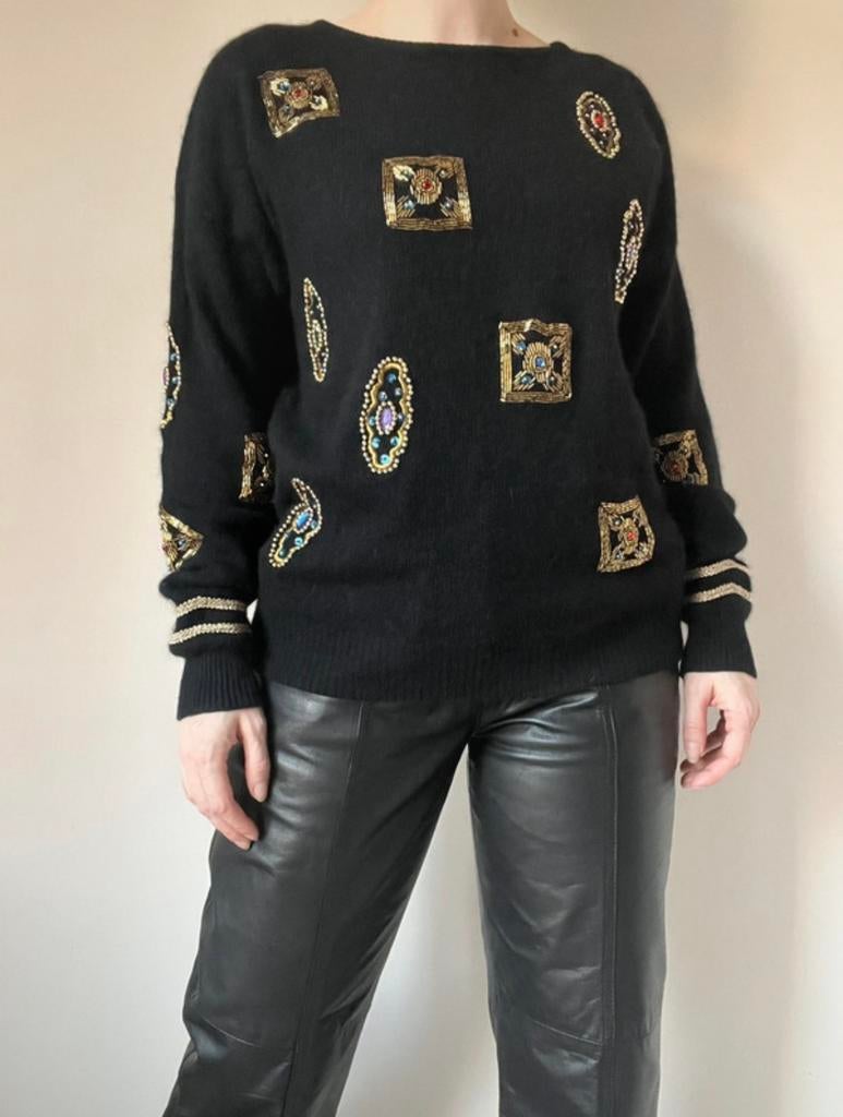 Fluffy vintage glitter trui, L. Boho bohemian party sequin, Verzenden, Zwart, Maat 42/44 (L), Vintage