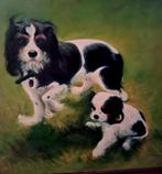 Olieverfschilderij Cavalier King Charles met pup, ingelijst, Ophalen of Verzenden