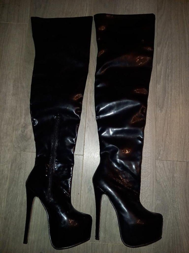 17 cm hoge hakken laarzen platform high heels overknee boots, Hoge laarzen, Heels, Zwart, Nieuw