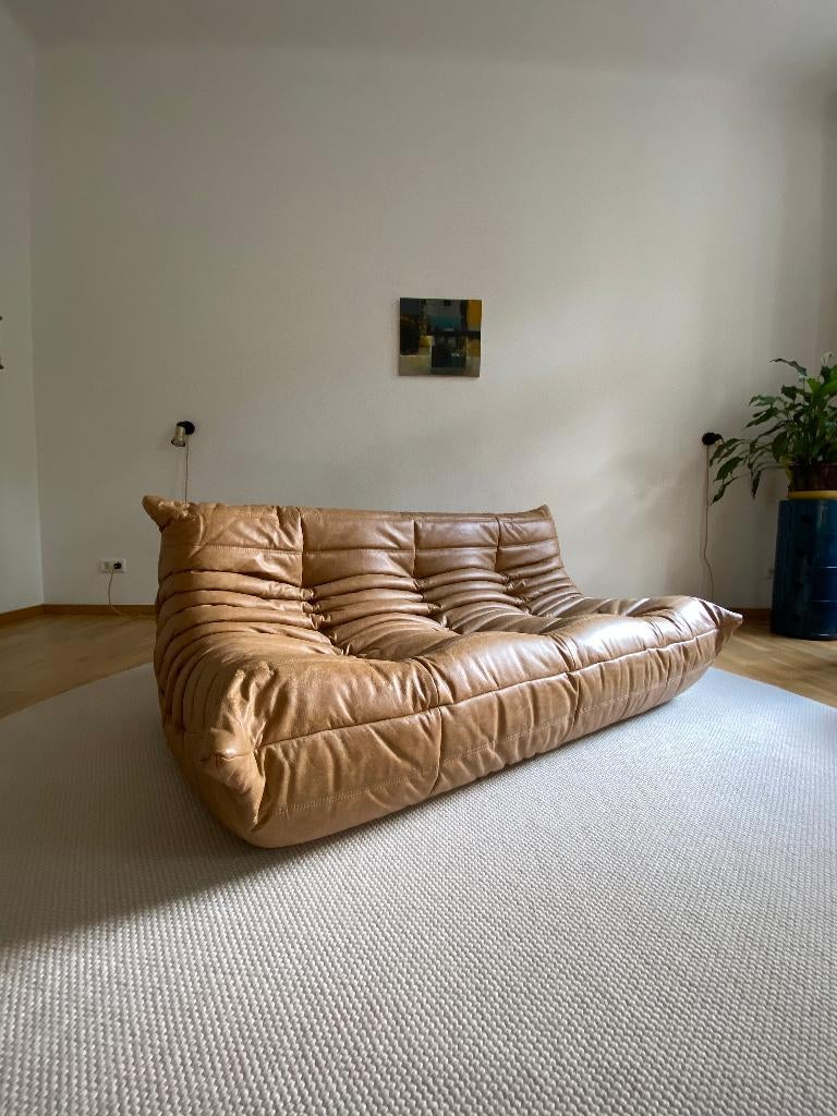Ligne Roset - Togo - Driezits Bank/Sofa - Camel Bruin Leer, 150 tot 200 cm, Driepersoons, Leer, Zo goed als nieuw