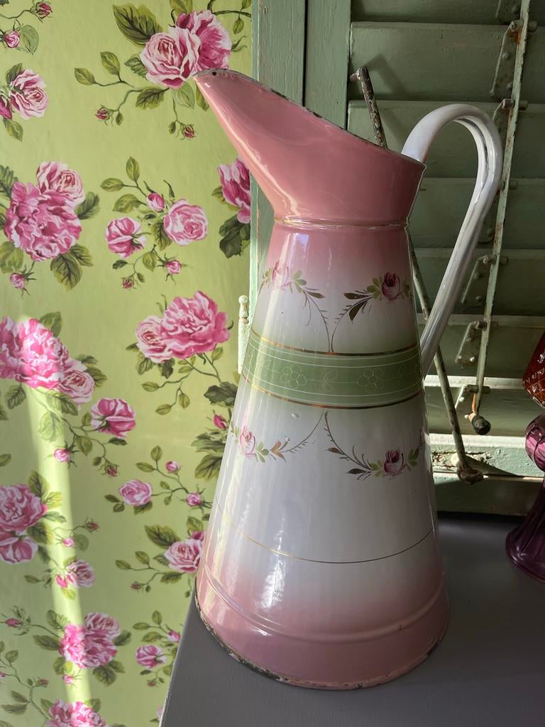 Antieke Franse Emaille Lampetkan - Roze met Bloemen, Ophalen of Verzenden