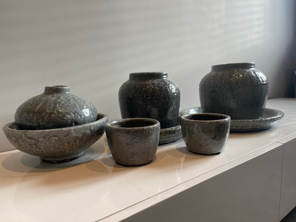 Set van 6 grijze / groen vazen en potten ptmd, Ophalen