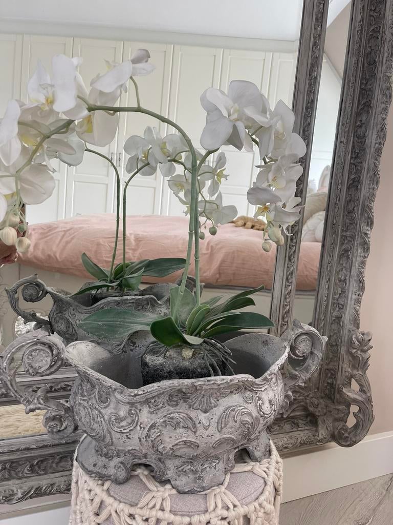 Mooie grijze Barok plantenpot met oren en orchidee, Ophalen of Verzenden, Zo goed als nieuw