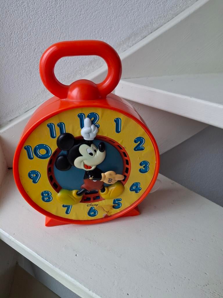 Vintage Disney Mickey Mouse Wekker Klok Rood Geel, Ophalen of Verzenden, Gebruikt