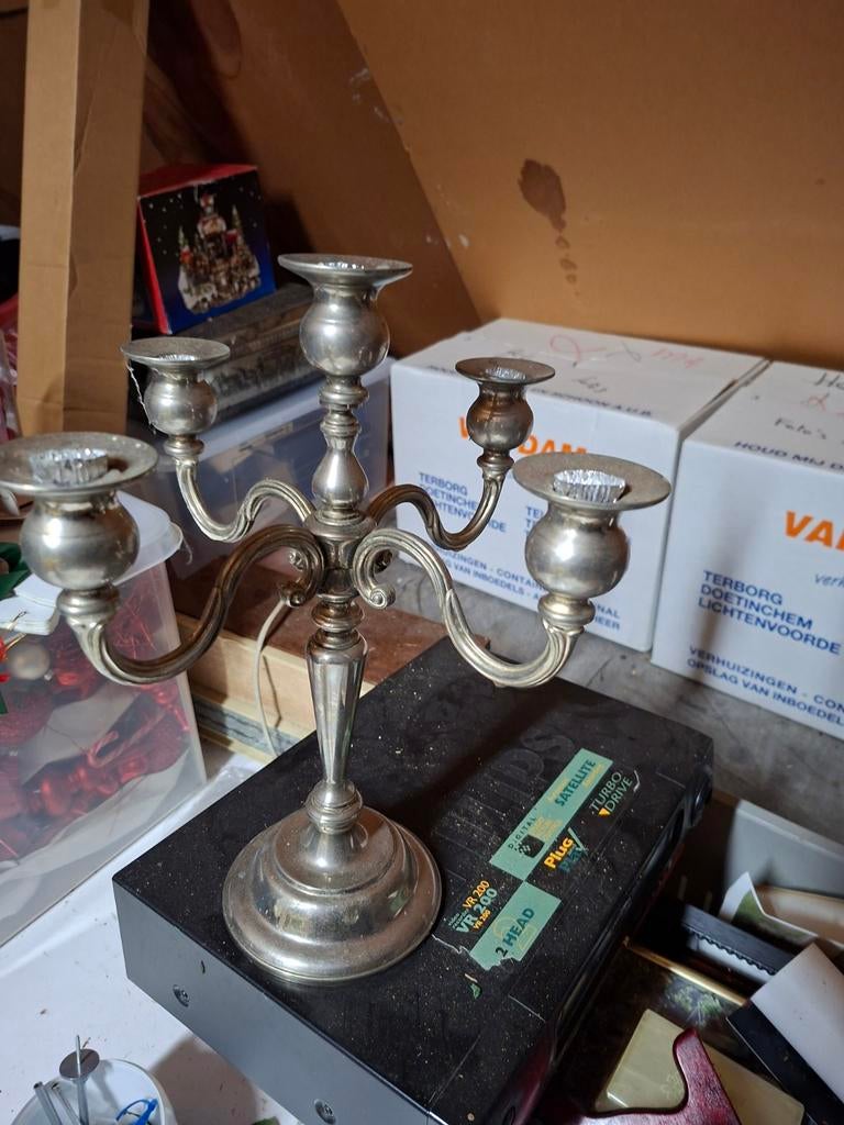 5 armige verzilverde kandelaar 36cm, Antiek en Kunst, Ophalen of Verzenden, Zilver