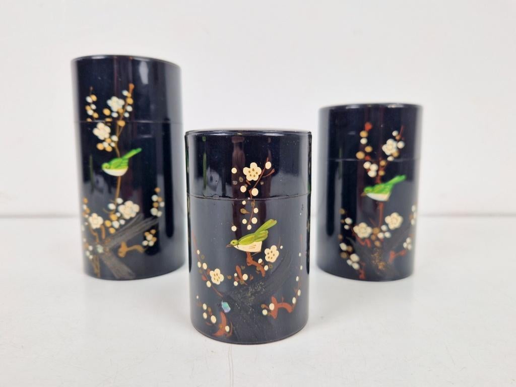 Set vintage Japan Emaillen Metaal Theebus Bamboe & Vogels, Ophalen of Verzenden, Gebruikt, Thee