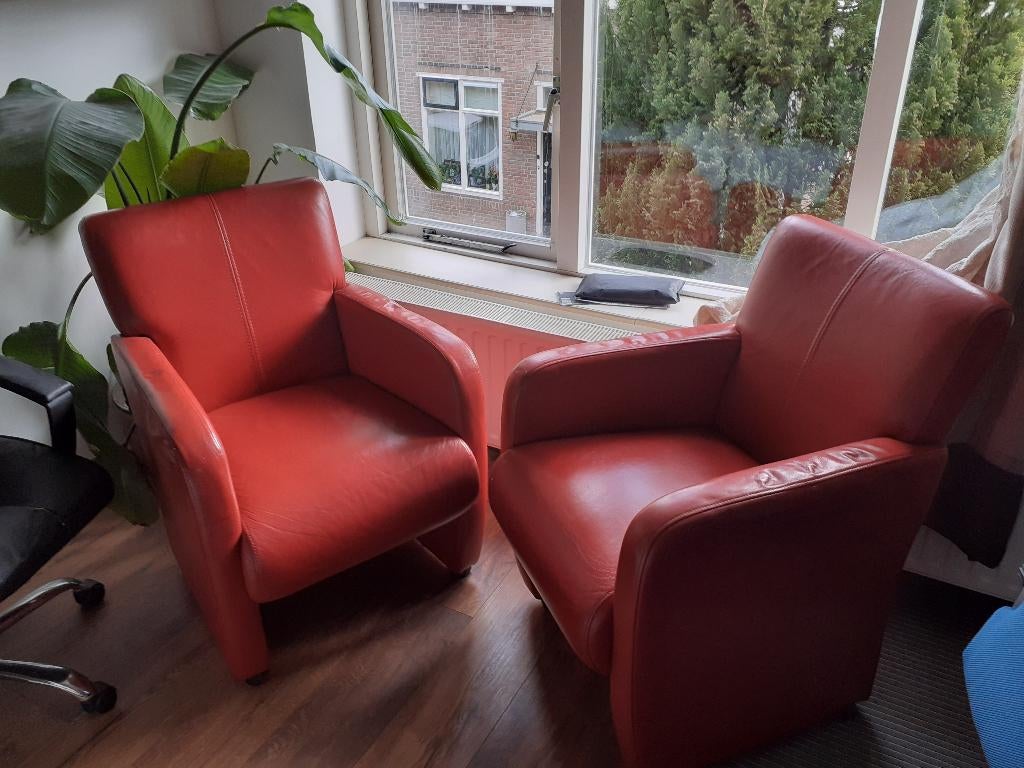 4 rode leren stoelen, Huis en Inrichting, Stoelen, Ophalen, Gebruikt, Leer, Vier