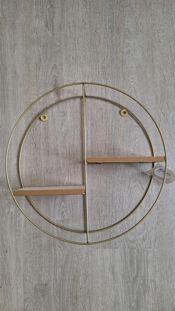 Rond gouden wandrek met houten planken - Nieuw, Huis en Inrichting, Woonaccessoires | Wandplanken en Boekenplanken, Ophalen, Nieuw