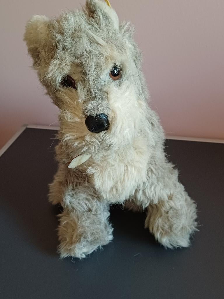 Antiek Terrier hondje van Steiff met knopje en vaantje, Ophalen of Verzenden