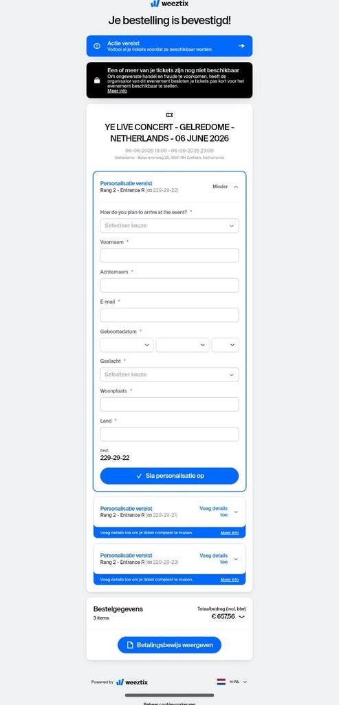 Ye tickets gelredome 6 juni, Drie personen of meer, Juni