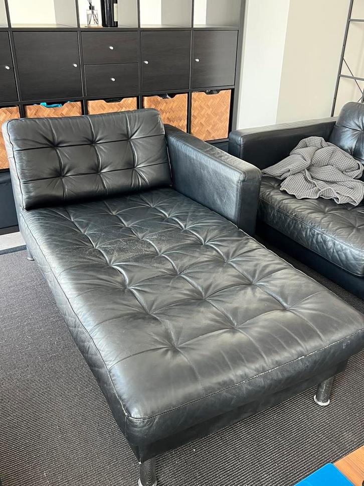 Ikea LANDSKRONA chaise longue verlengstuk - zwart leer, Huis en Inrichting, Banken | Sofa's en Chaises Longues, Gebruikt, Overige maten
