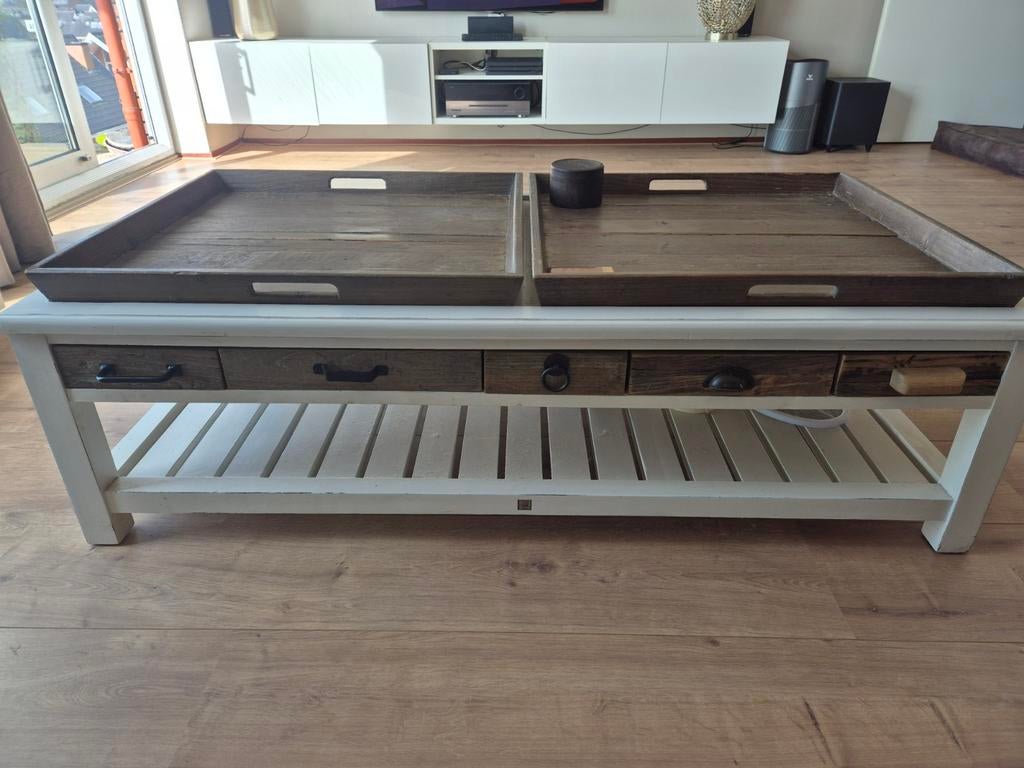 Salontafel Riviera Maison met lades en dienbladen, Ophalen, Gebruikt, 100 tot 150 cm, 50 tot 100 cm