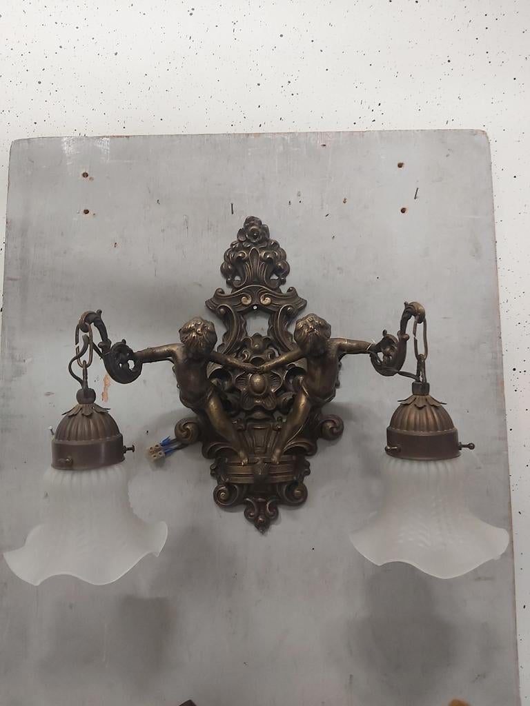 Grote antieke bronzen cupido engelen wandlamp in zeer goede, Antiek en Kunst, Ophalen of Verzenden