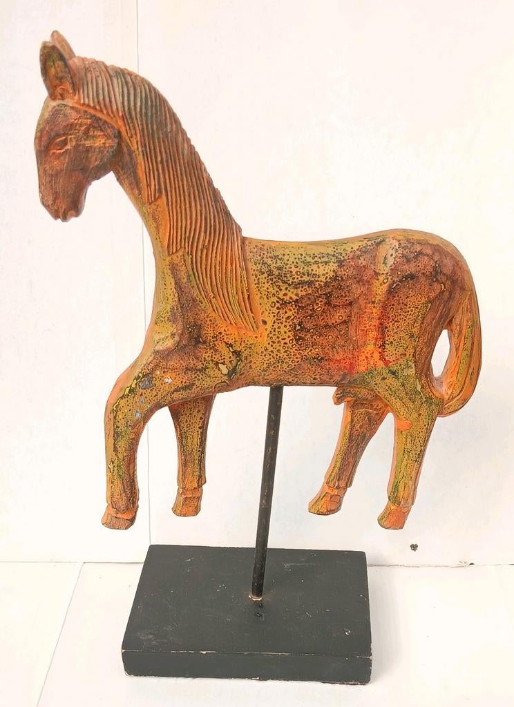 Vintage Paard Hout Beeld Kunst op Sokkel Design Decoratie, Antiek en Kunst, Ophalen of Verzenden