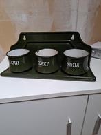 DONKERGROEN EMAILLE  ZAND ZEEP SODA MET GOUDEN BIES, Ophalen