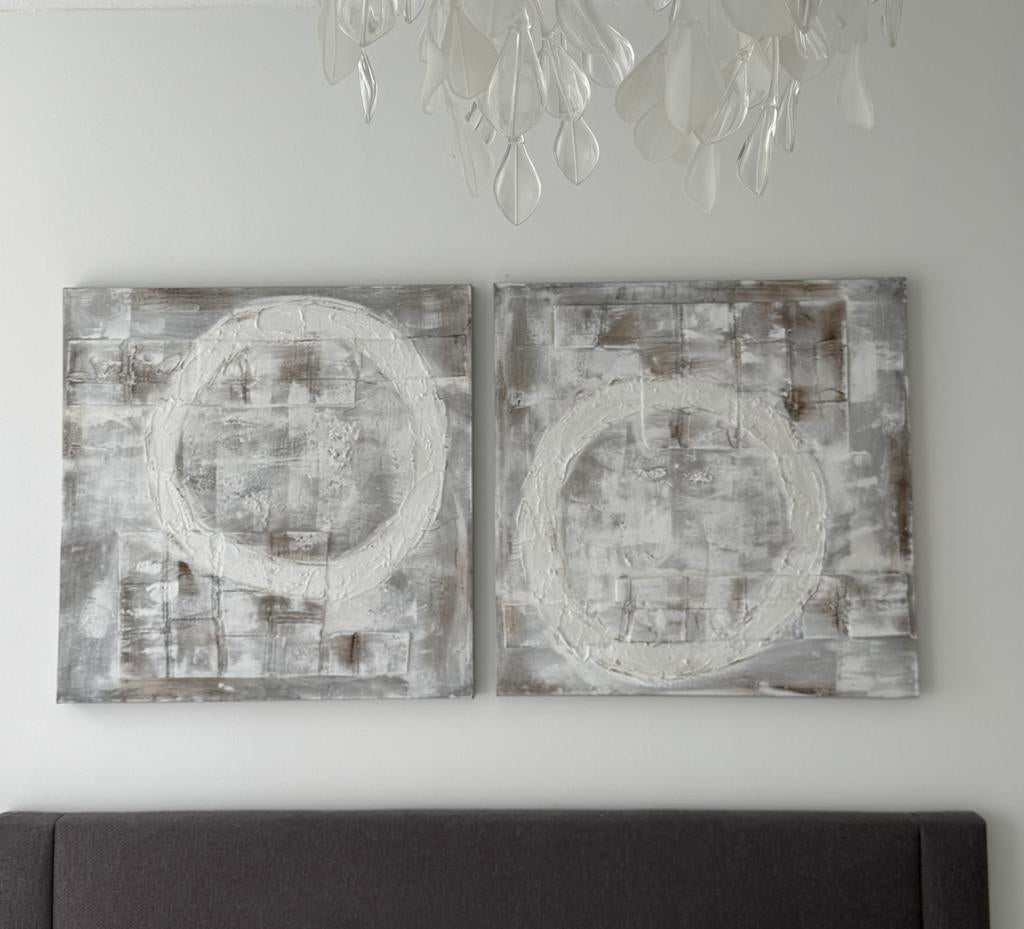 Twee schilderijen, 80x80 cm., Antiek en Kunst, Kunst | Schilderijen | Abstract, Ophalen of Verzenden