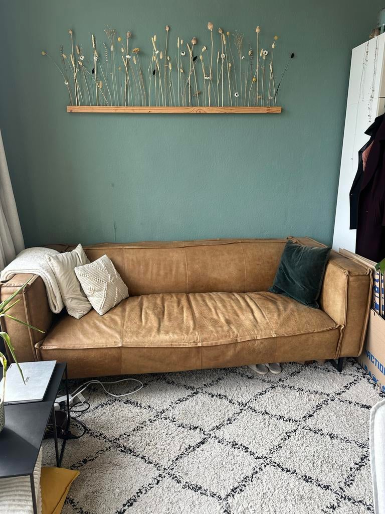 Bruine leren bank, Ophalen, Gebruikt, Driepersoons, 200 tot 250 cm
