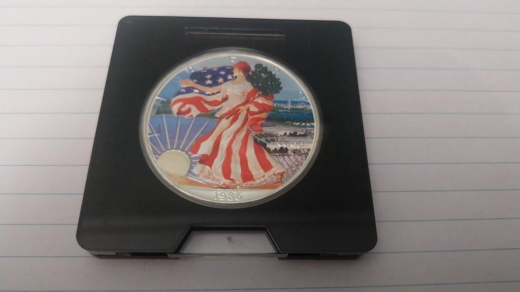 EERSTE American silver eagle 1986 colored, Ophalen of Verzenden, Zilver