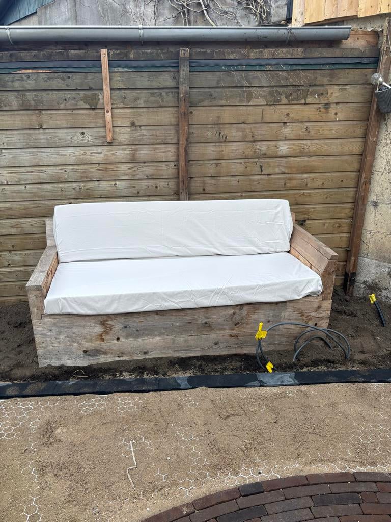 Houten tuinbank met matraskussens, Tuin en Terras, Tuinbanken, Ophalen, Gebruikt, Hout