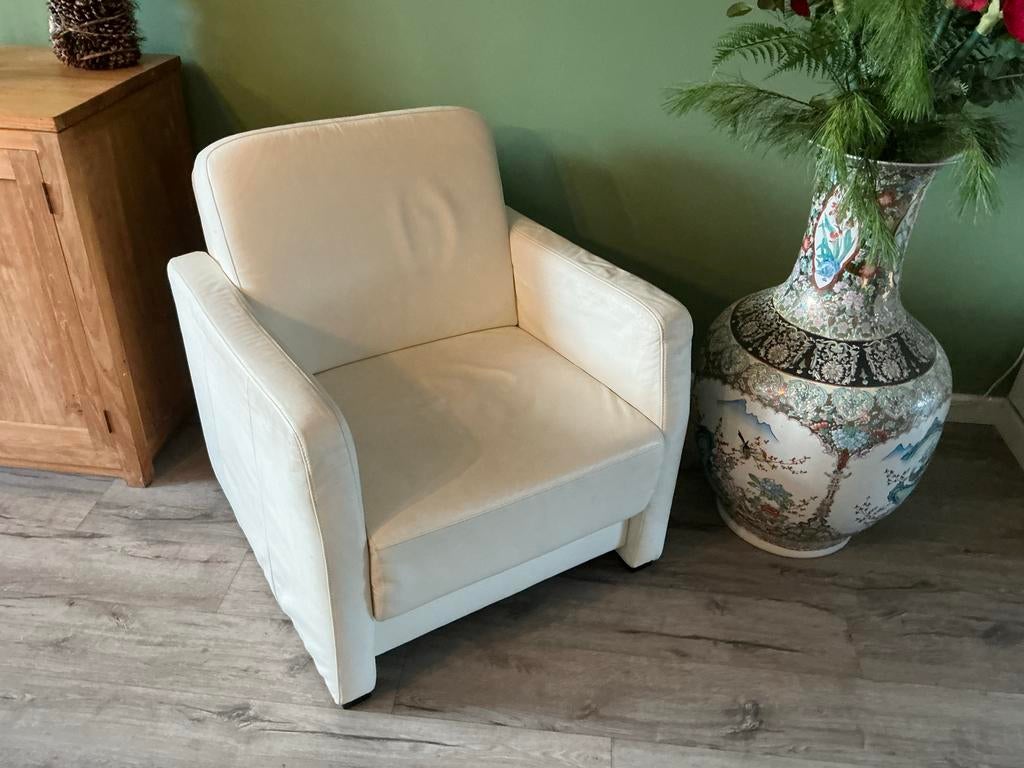 Leren fauteuil gebroken wit, Ophalen of Verzenden, Gebruikt, Leer, 75 tot 100 cm
