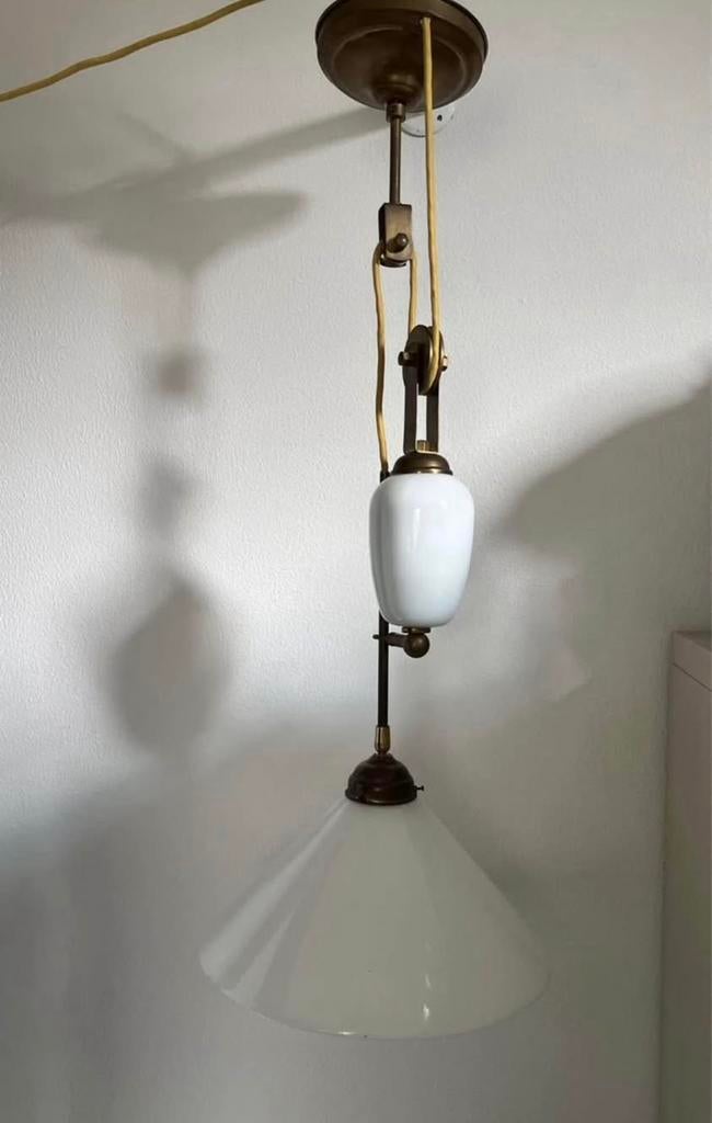 Oude lamp met katrol met glazen kelk (diameter 35cm), Ophalen of Verzenden, Zo goed als nieuw, Minder dan 50 cm