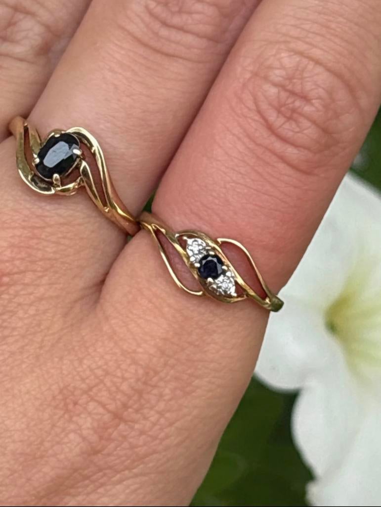 Vintage 9 karaat geelgouden ring met saffier en diamant, Zo goed als nieuw, 17 tot 18, Dame, Goud