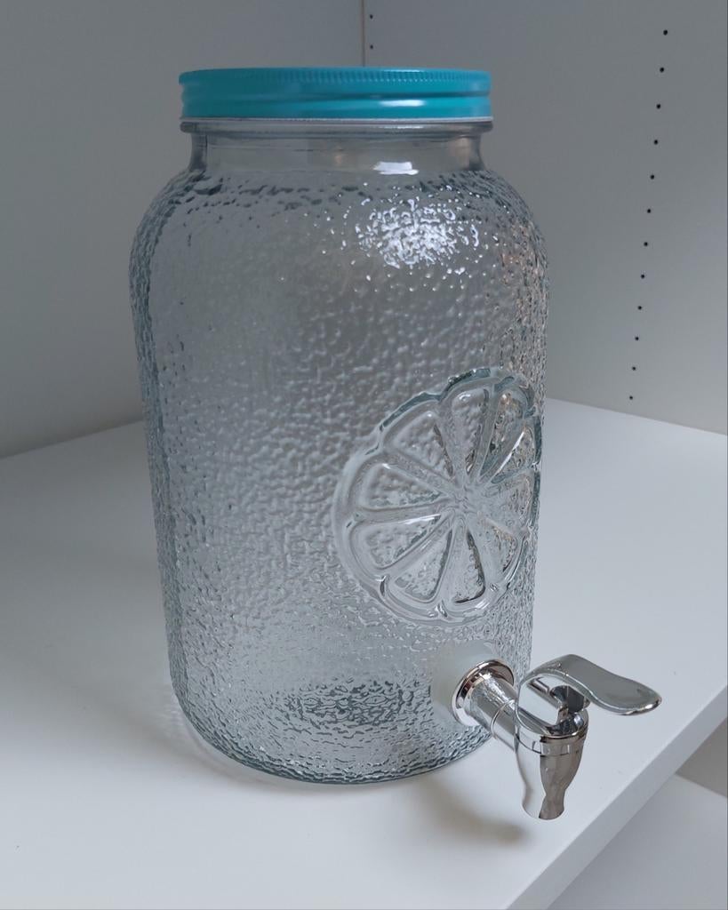 Glazen drankdispenser met tapkraan en blauwe deksel, Ophalen, Zo goed als nieuw, Overige merken, Glas