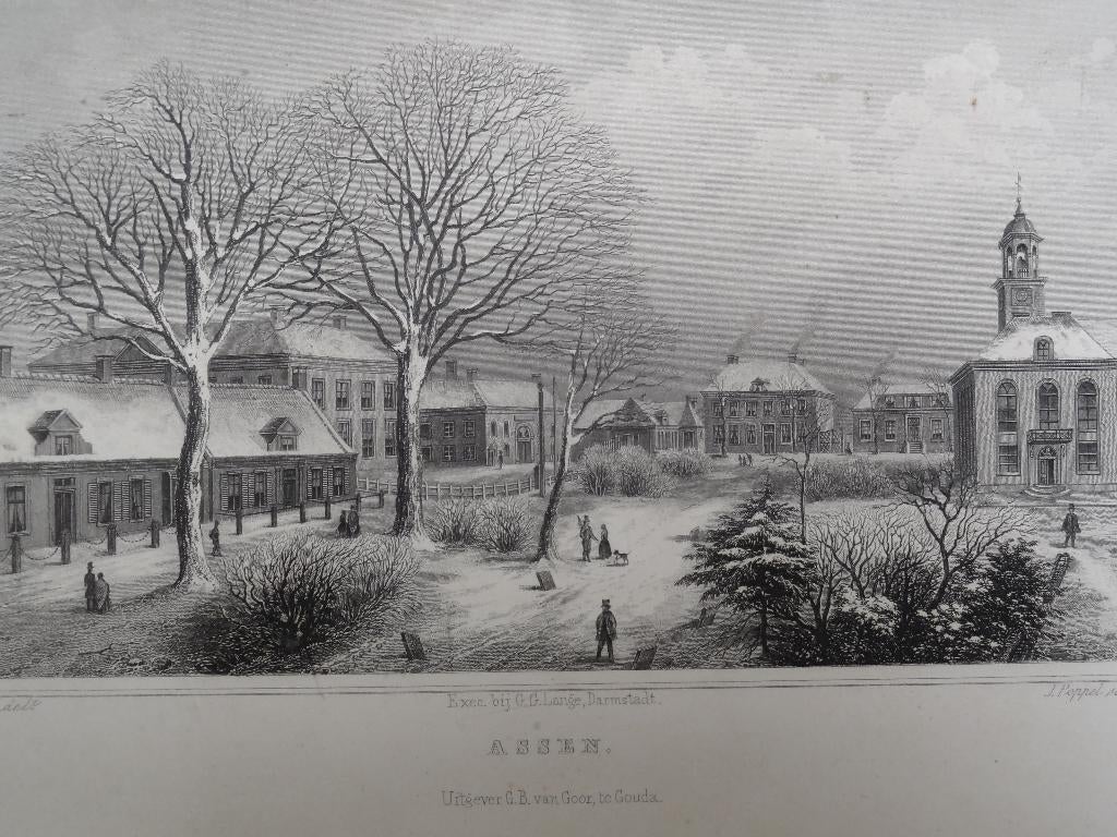 Staalgravure Assen in winter door J. Poppel uit 1858, Antiek en Kunst, Kunst | Etsen en Gravures, Verzenden